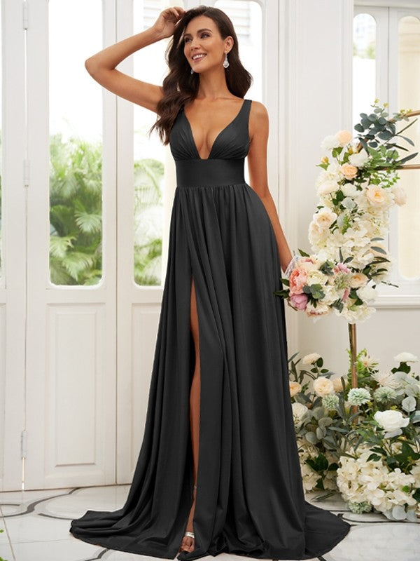 A-Line/Princess Jersey Ruffles V-neck Sleeveless Sweep/Brush Train Bridesmaid Dresses