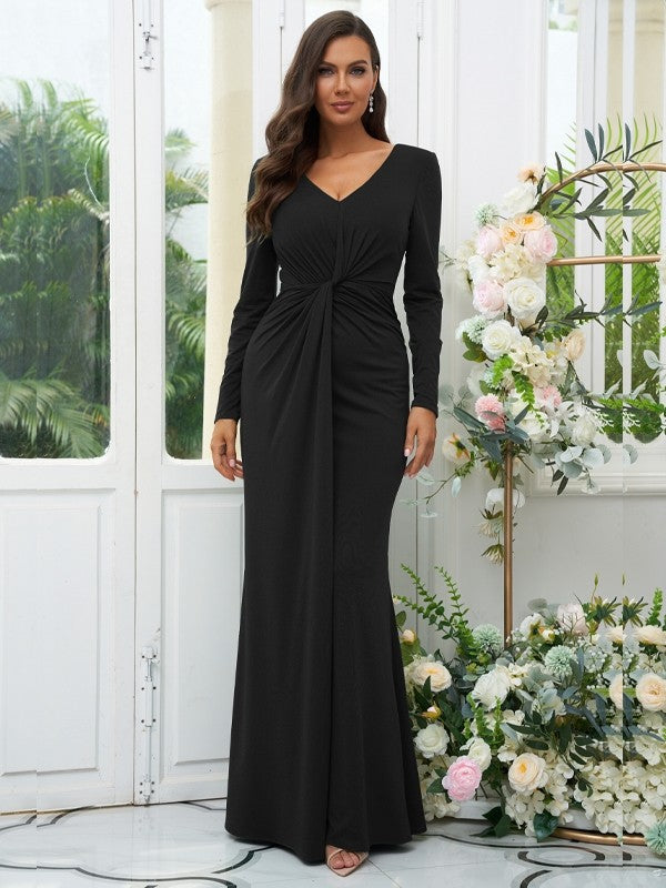 Sheath/Column Jersey Ruched V-neck Long Sleeves Floor-Length Bridesmaid Dresses