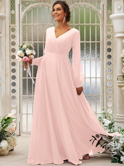 A-Line/Princess Chiffon Ruched V-neck Long Sleeves Floor-Length Bridesmaid Dresses