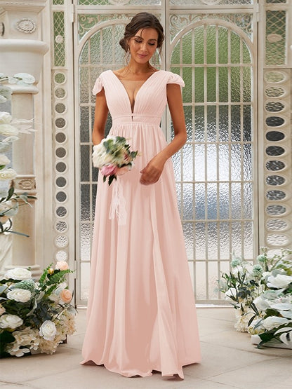 A-Line/Princess Chiffon Ruffles V-neck Sleeveless Sweep/Brush Train Bridesmaid Dresses