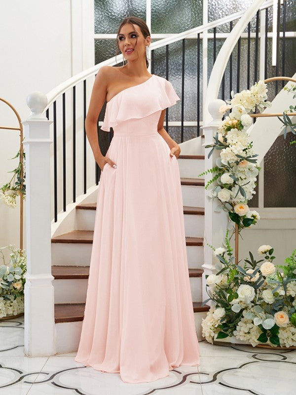 A-Line/Princess Chiffon Ruffles One-Shoulder Sleeveless Floor-Length Bridesmaid Dresses