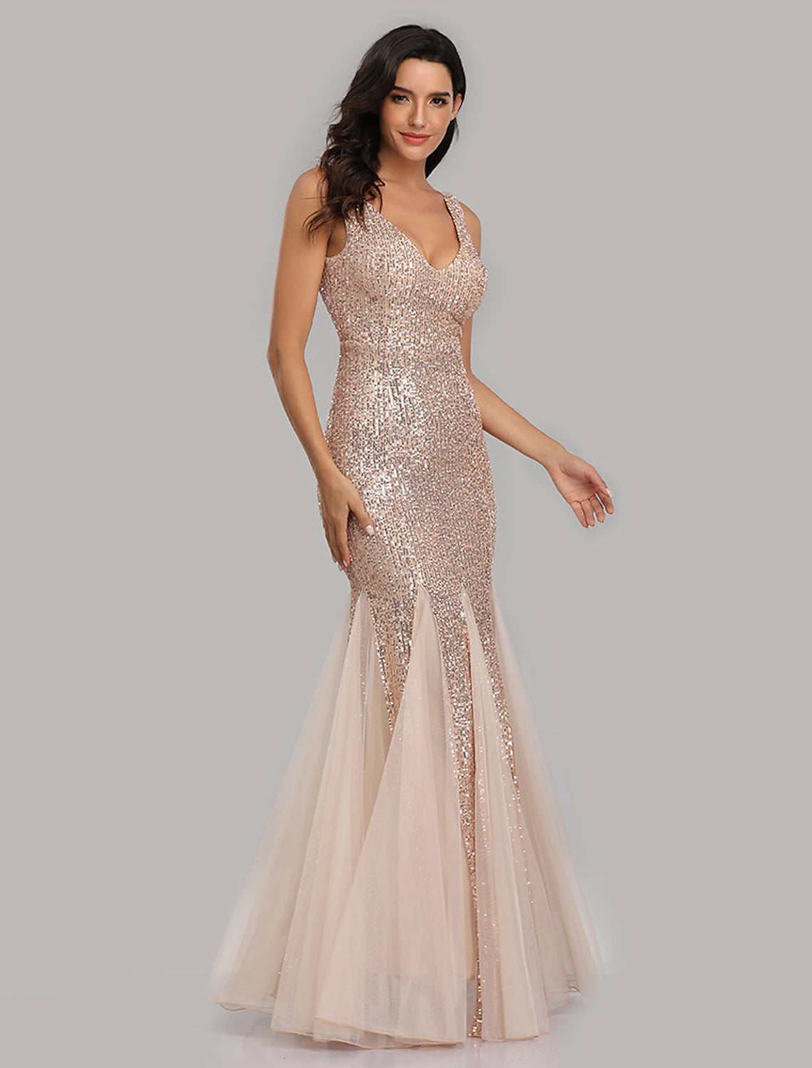 Mermaid / Trumpet Sparkle Sexy Party Wear Formal Evening Dress V Neck Sleeveless Floor Length Sequined with Sequin