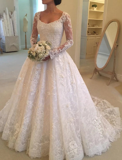 Engagement Formal Fall Wedding Dresses Ball Gown Illusion Neck Long Sleeve Chapel Train Lace Bridal Gowns With Buttons Pearls