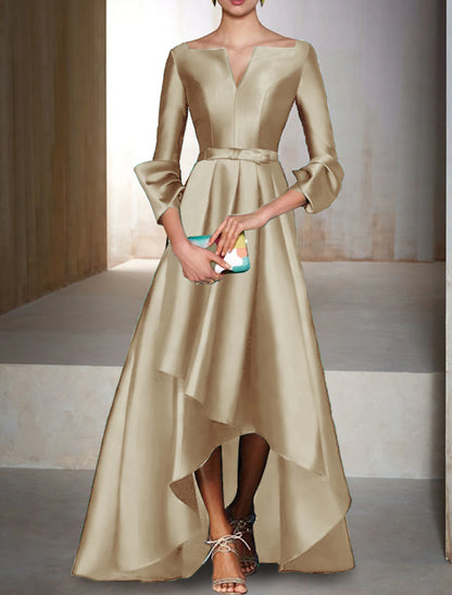 A-Line Evening Gown Elegant Dress Formal Wedding Guest Floor Length 3/4 Length Sleeve V Neck Satin with Bow(s)