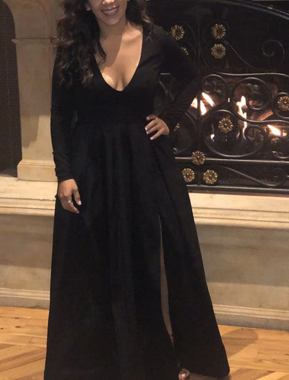 Ball Gown Elegant High Split Prom Formal Black Dress Plus Size Evening Dress V Neck Long Sleeve Floor Length Spandex with Pleats Slit