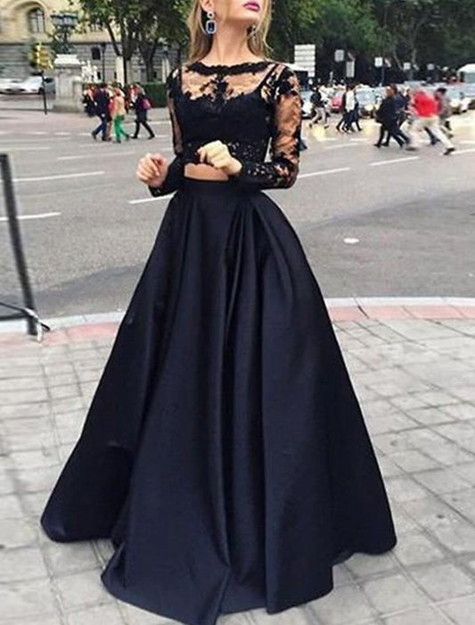 A-Line Evening Dress Black Dress Vintage Dress Masquerade Floor Length Long Sleeve Jewel Neck Gothic Satin with Appliques