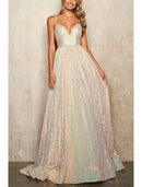 A-Line Prom Dresses Elegant Dress Formal Prom Sweep / Brush Train Sleeveless Spaghetti Strap Tulle with Sequin