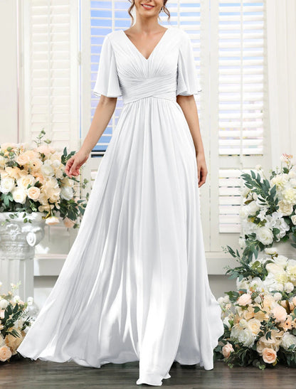 A-Line Bridesmaid Dress V Neck Short Sleeve Elegant Floor Length Chiffon with Split Front