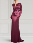 Sheath / Column Evening Gown Elegant Dress Formal Wedding Guest Sweep / Brush Train Long Sleeve V Neck Satin with Appliques