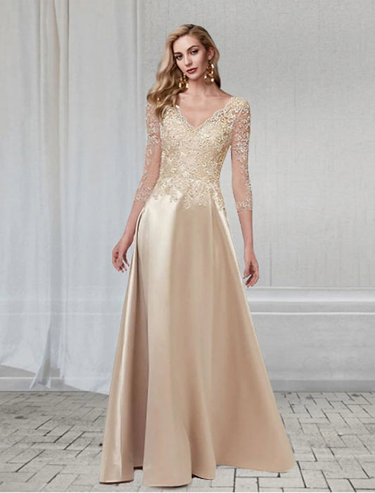 A-Line Party Dress Elegant Wedding Guest Formal Evening Dress V Neck 3/4 Length Sleeve Floor Length Chiffon with Appliques