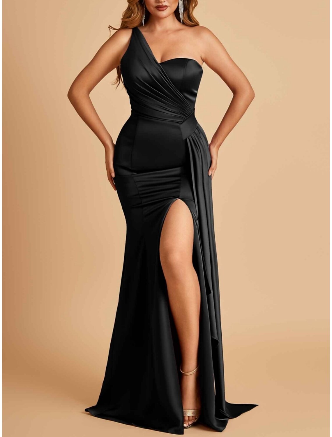 A-Line Evening Gown High Split Dress Formal Sweep / Brush Train Sleeveless One Shoulder Satin with Pleats Slit