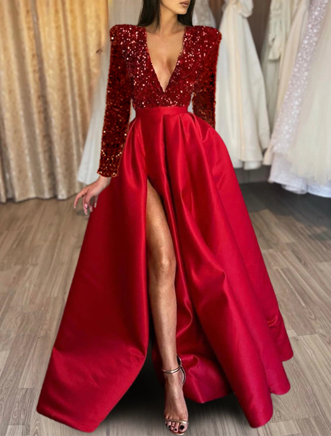 A-Line Evening Gown Christmas Red Green Dress Formal Black Dress Plus Size Wedding Court Train Half Sleeve V Neck Satin with Sequin Slit