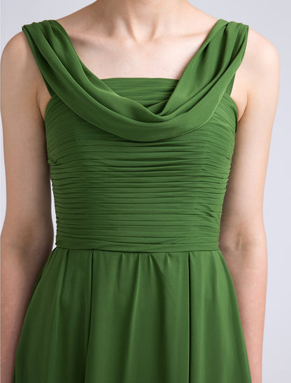 A-Line Bridesmaid Dress Cowl Neck Sleeveless Open Back Floor Length Chiffon with Ruched