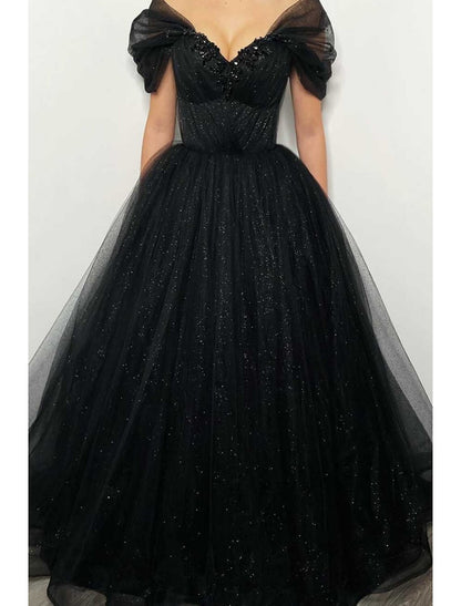 A-Line Prom Dresses Elegant Dress Formal Floor Length Black Dress Short Sleeve Off Shoulder Tulle with Pleats Beading Sequin