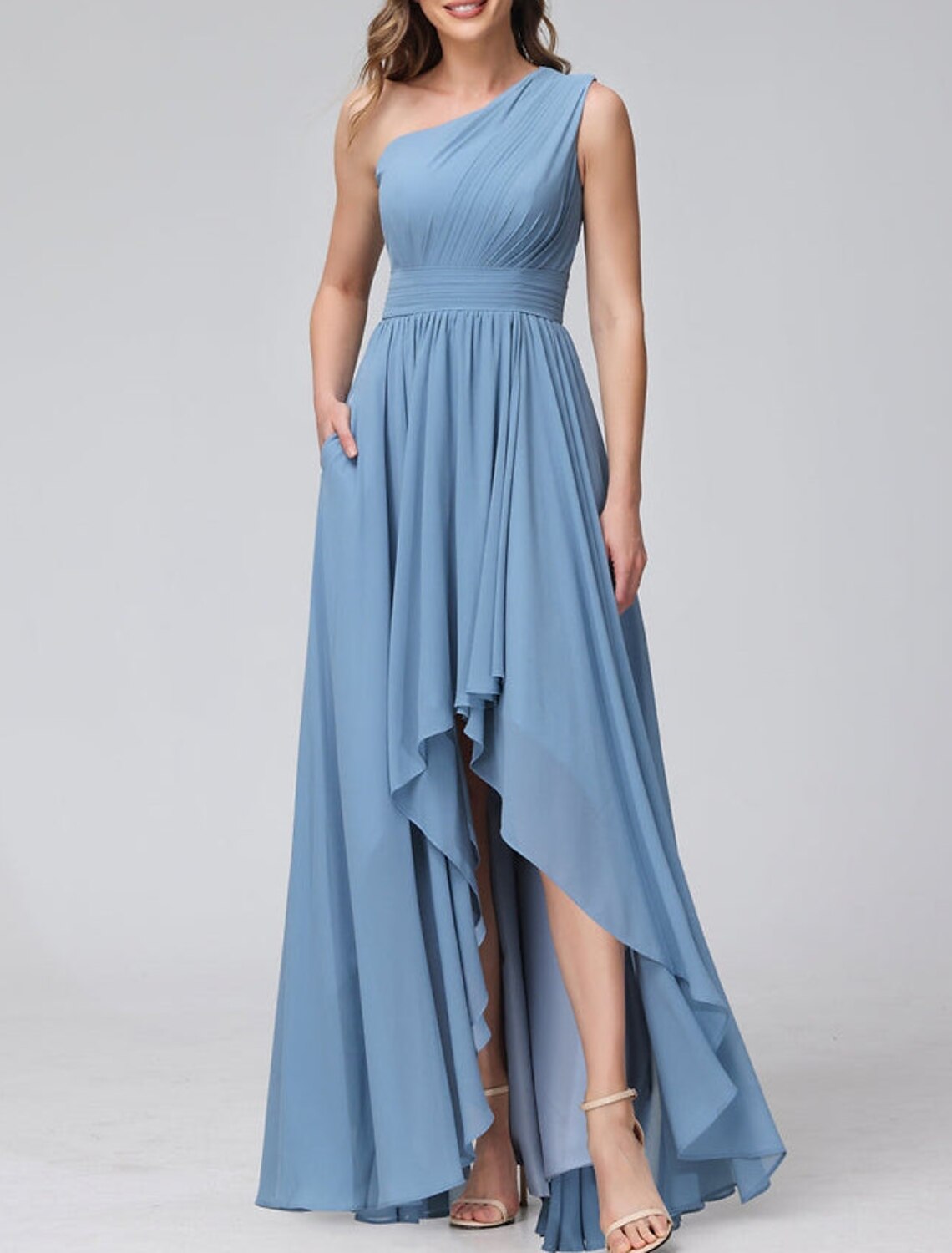 A-Line Bridesmaid Dress One Shoulder Sleeveless Blue Asymmetrical Chiffon with Solid Color