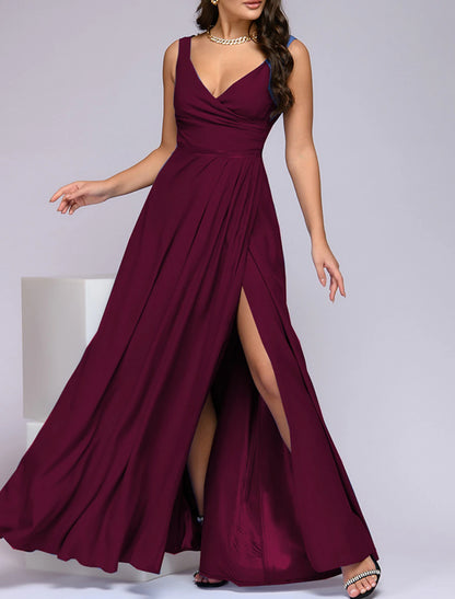 A-Line Bridesmaid Dress V Neck Sleeveless Elegant Floor Length Spandex with Split Front / Ruching