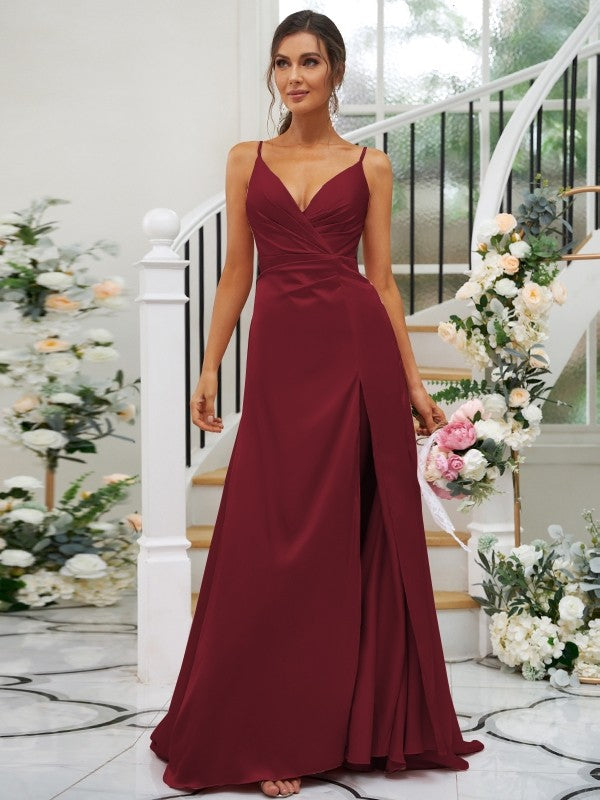 A-Line/Princess Silk like Satin Ruched V-neck Sleeveless Floor-Length Bridesmaid Dresses