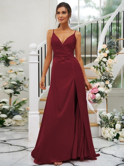 A-Line/Princess Silk like Satin Ruched V-neck Sleeveless Floor-Length Bridesmaid Dresses