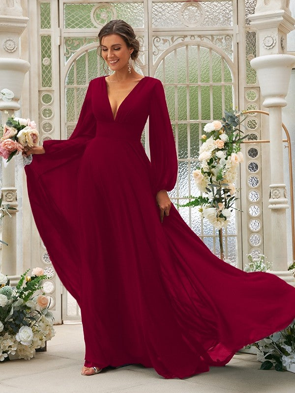 A-Line/Princess Chiffon Ruffles V-neck Long Sleeves Sweep/Brush Train Bridesmaid Dresses