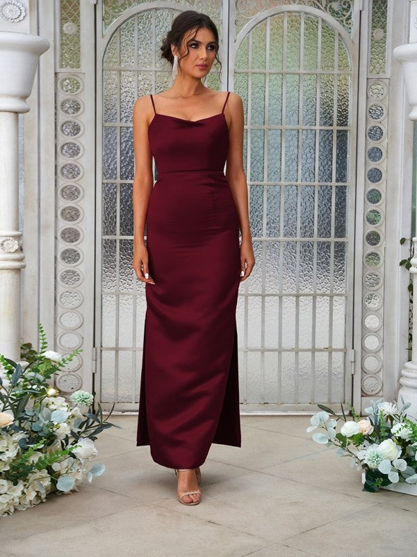 Sheath/Column Satin Ruched Spaghetti Straps Sleeveless Ankle-Length Bridesmaid Dresses