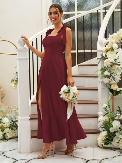 A-Line/Princess Silk like Satin Ruffles Straps Sleeveless Ankle-Length Bridesmaid Dresses