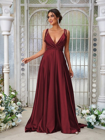 A-Line/Princess Silk like Satin Ruffles V-neck Sleeveless Sweep/Brush Train Bridesmaid Dresses