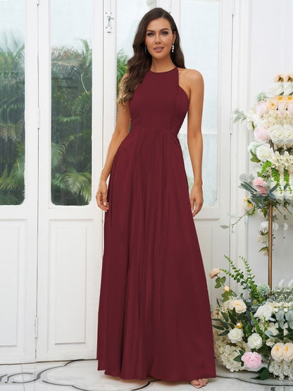 A-Line/Princess Silk like Satin Ruffles Halter Sleeveless Floor-Length Bridesmaid Dresses