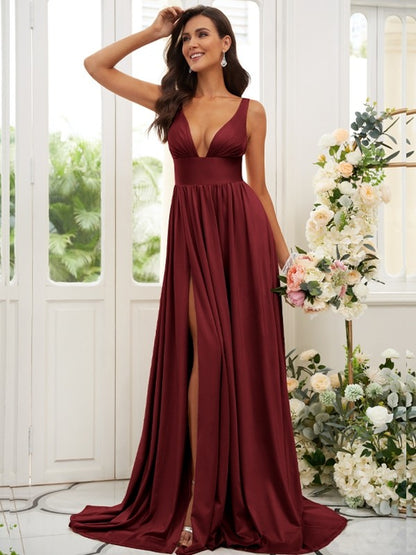 A-Line/Princess Jersey Ruffles V-neck Sleeveless Sweep/Brush Train Bridesmaid Dresses