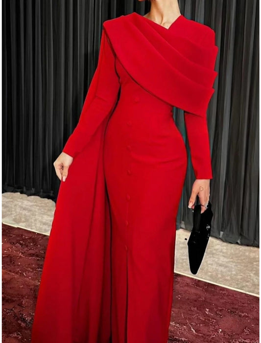 Sheath / Column Red Black Christmas Red Green Dress Evening Gown Elegant Cape Dress Formal Fall Sweep / Brush Train Long Sleeve Cowl Neck Stretch Fabric with Buttons Slit