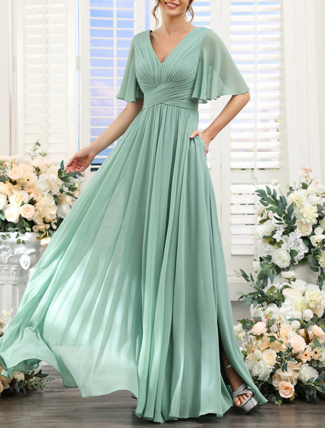 A-Line Bridesmaid Dress V Neck Short Sleeve Elegant Floor Length Chiffon with Split Front