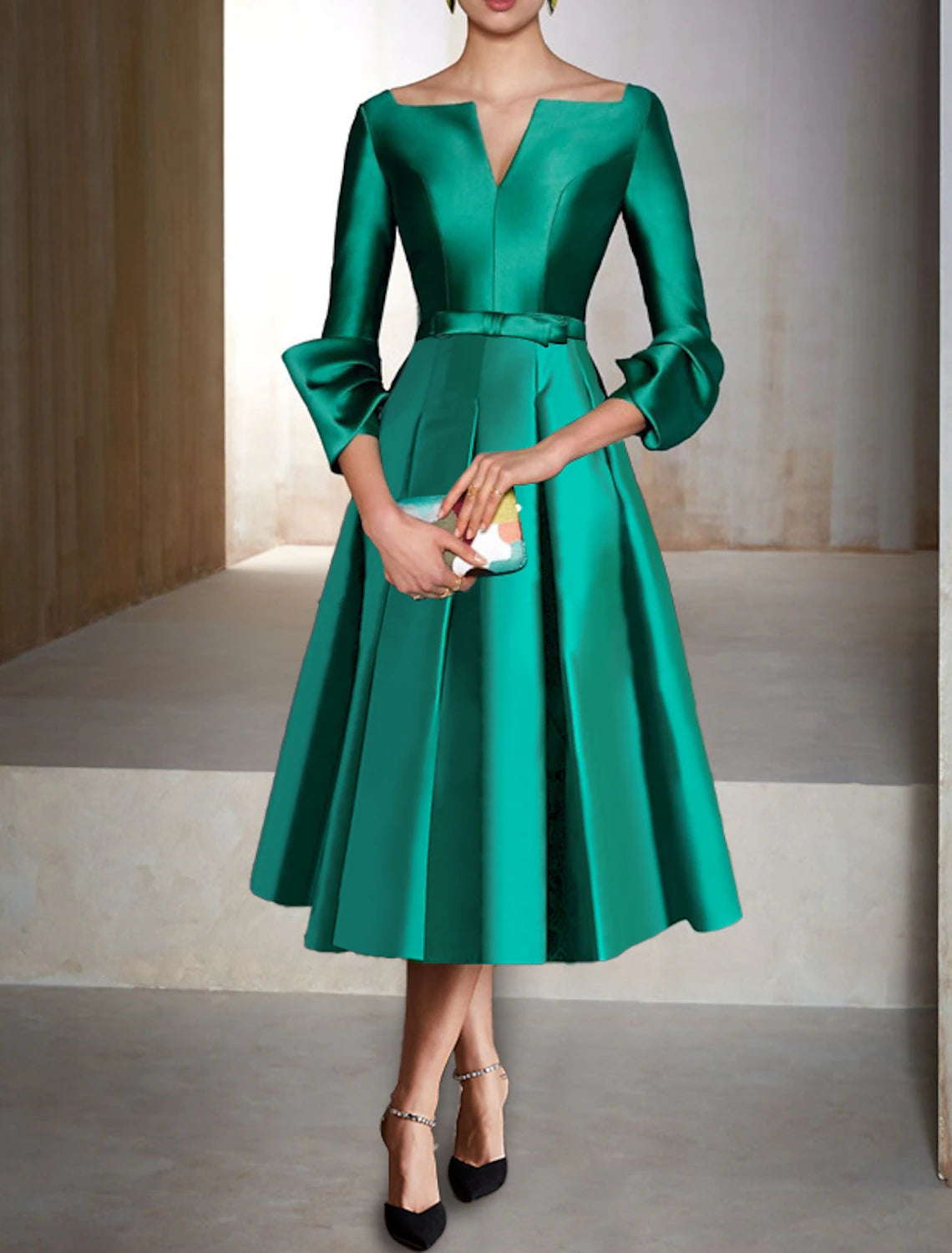 A-Line Cocktail Dress Christmas Red Green Dresses Elegant Dress Formal Wedding Guest Tea Length 3/4 Length Sleeve V Neck Satin with Pleats