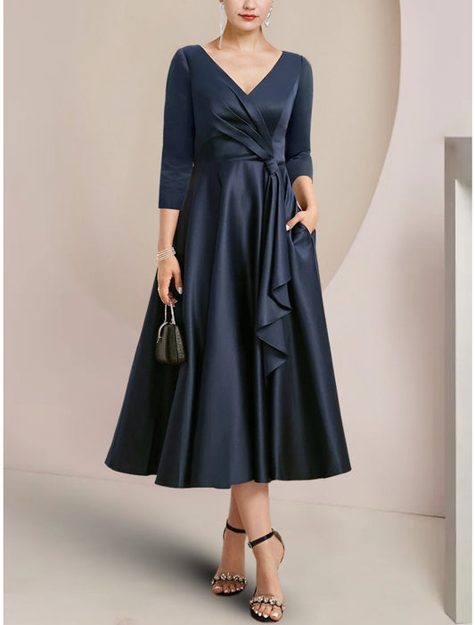 A-Line Mother of the Bride Dress Wedding Guest Elegant Petite V Neck Tea Length Satin 3/4 Length Sleeve with Ruching Solid Color