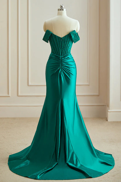 Off the Shoulder Satin  with Split Prom Dress