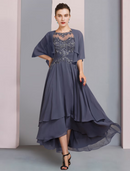 Two Piece A-Line Mother of the Bride Dress Formal Wedding Guest Elegant Scoop Neck Asymmetrical Tea Length Chiffon Lace Short Sleeve Wrap Included with Beading Appliques