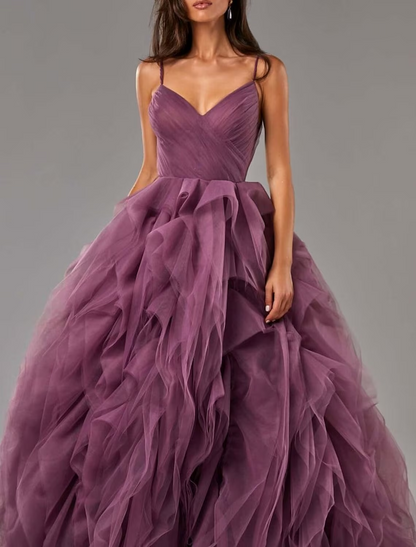 Ball Gown Beautiful Back Elegant Prom Formal Evening Dress V Neck Sleeveless Sweep / Brush Train Tulle with Ruffles Pure Color