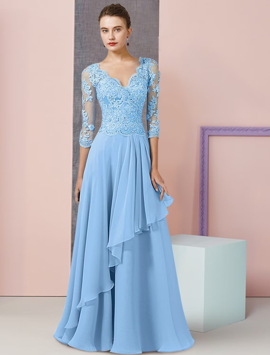 Two Piece A-Line Mother of the Bride Dress Formal Wedding Guest Party Elegant V Neck Floor Length Chiffon Lace Half Sleeve Wrap Included with Beading Sequin Appliques