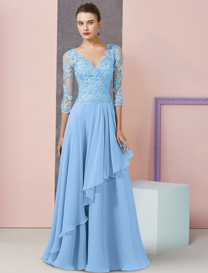 Two Piece A-Line Mother of the Bride Dress Formal Wedding Guest Party Elegant V Neck Floor Length Chiffon Lace Half Sleeve Wrap Included with Beading Sequin Appliques