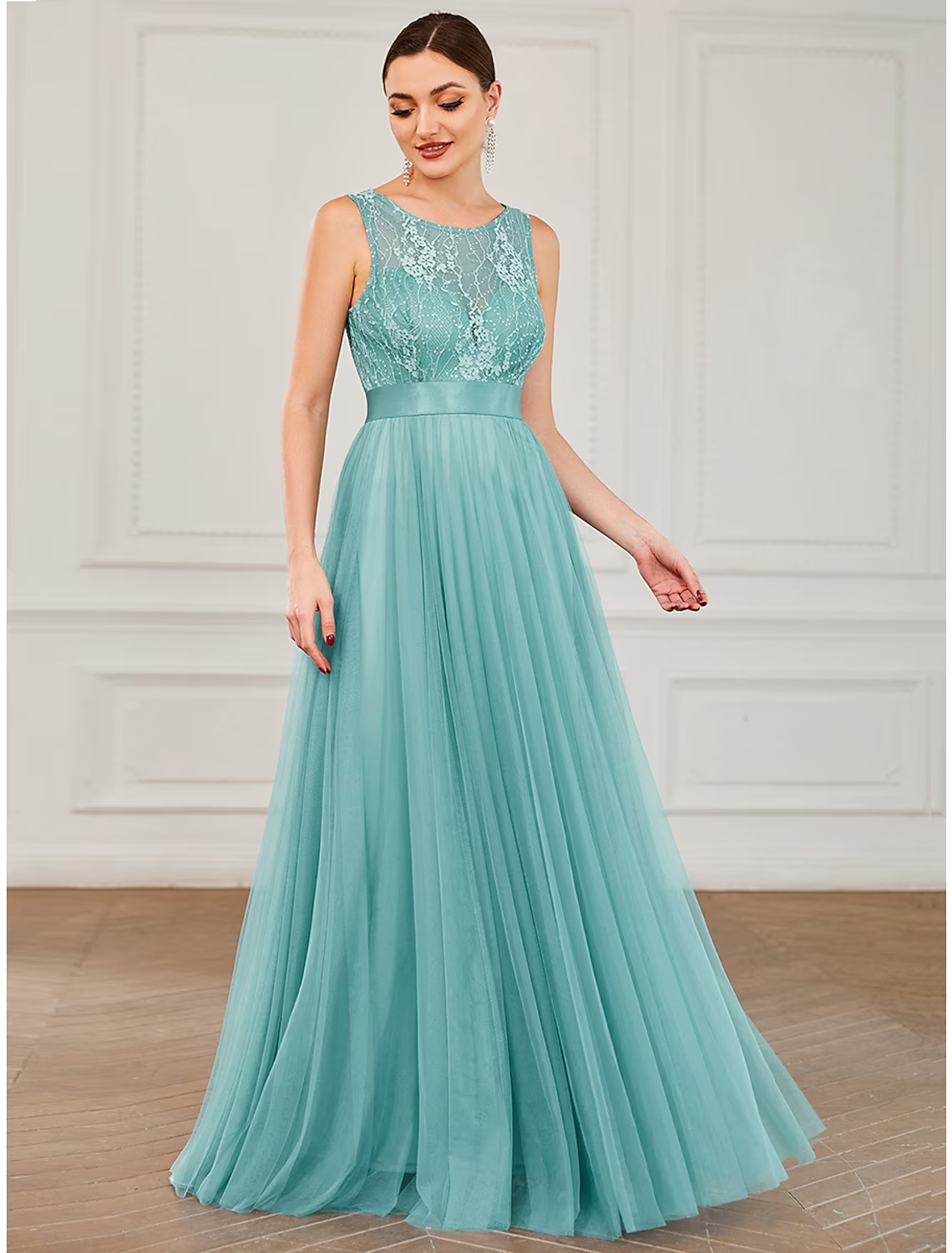 A-Line Prom Dresses Elegant Dress Wedding Guest Floor Length Sleeveless Jewel Neck Tulle with Sequin Pure Color