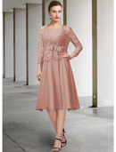 Two Piece A-Line Mother of the Bride Dress Elegant Jewel Neck Knee Length Chiffon Lace 3/4 Length Sleeve with Bow(s) Appliques