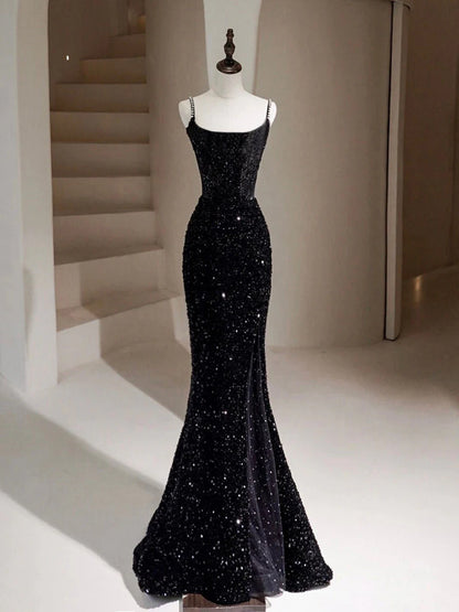 Mermaid Cultivate oneself Simple Velvet Sequin Black Long Prom Dress Elegant Temperament Party Dress