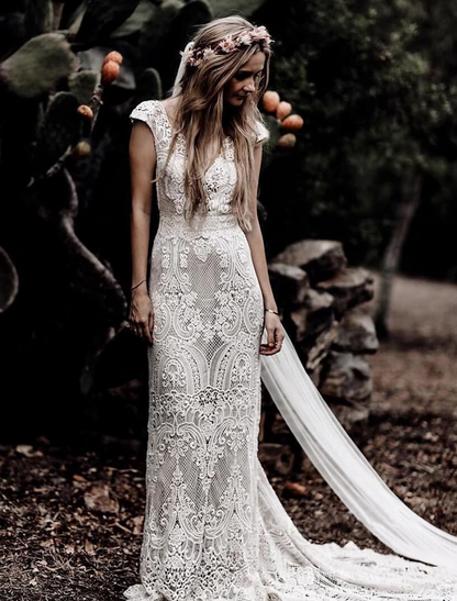 Beach Boho Wedding Dresses Court Train Mermaid / Trumpet Cap Sleeve V Neck Lace With Appliques Solid Color