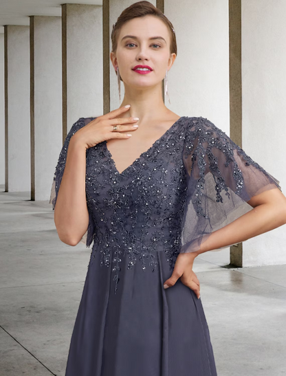 A-Line Plus Size Curve Mother of the Bride Dress Elegant Jewel Neck Ankle Length Chiffon Lace Short Sleeve with Beading Sequin Appliques