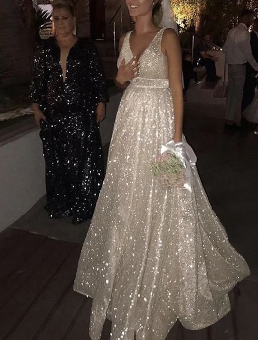 Ball Gown Prom Dresses Glittering Dress Wedding Party Floor Length Sleeveless V Neck Tulle with Ruched