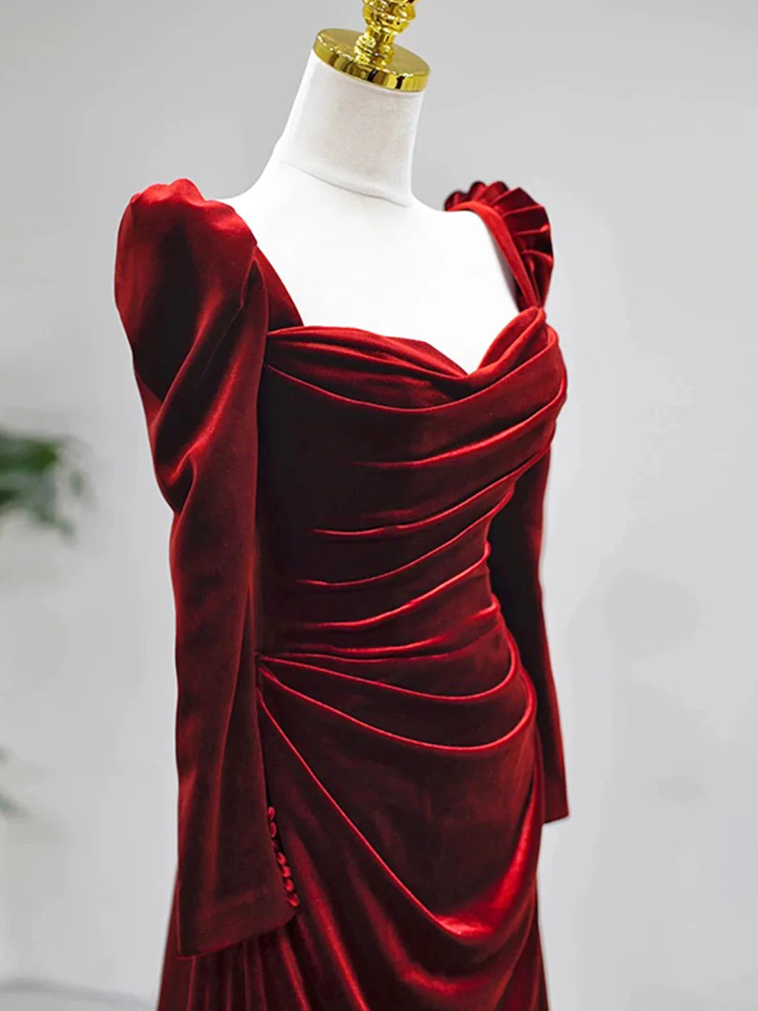 Autumn Winter Velvet Elegant Dress Long Sleeve Pleats Square Neck Gorgeous Evening Dress