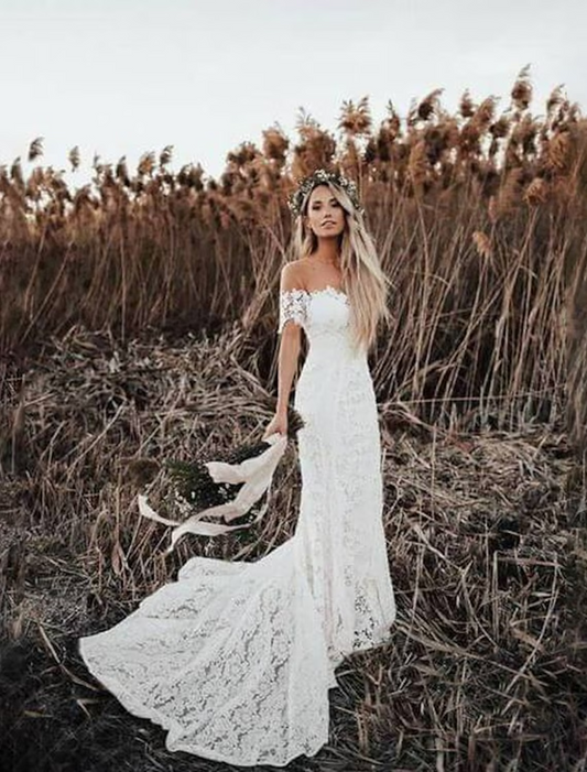 Beach Boho Wedding Dresses Chapel Train Mermaid / Trumpet Short Sleeve Off Shoulder Lace With Appliques Solid Color