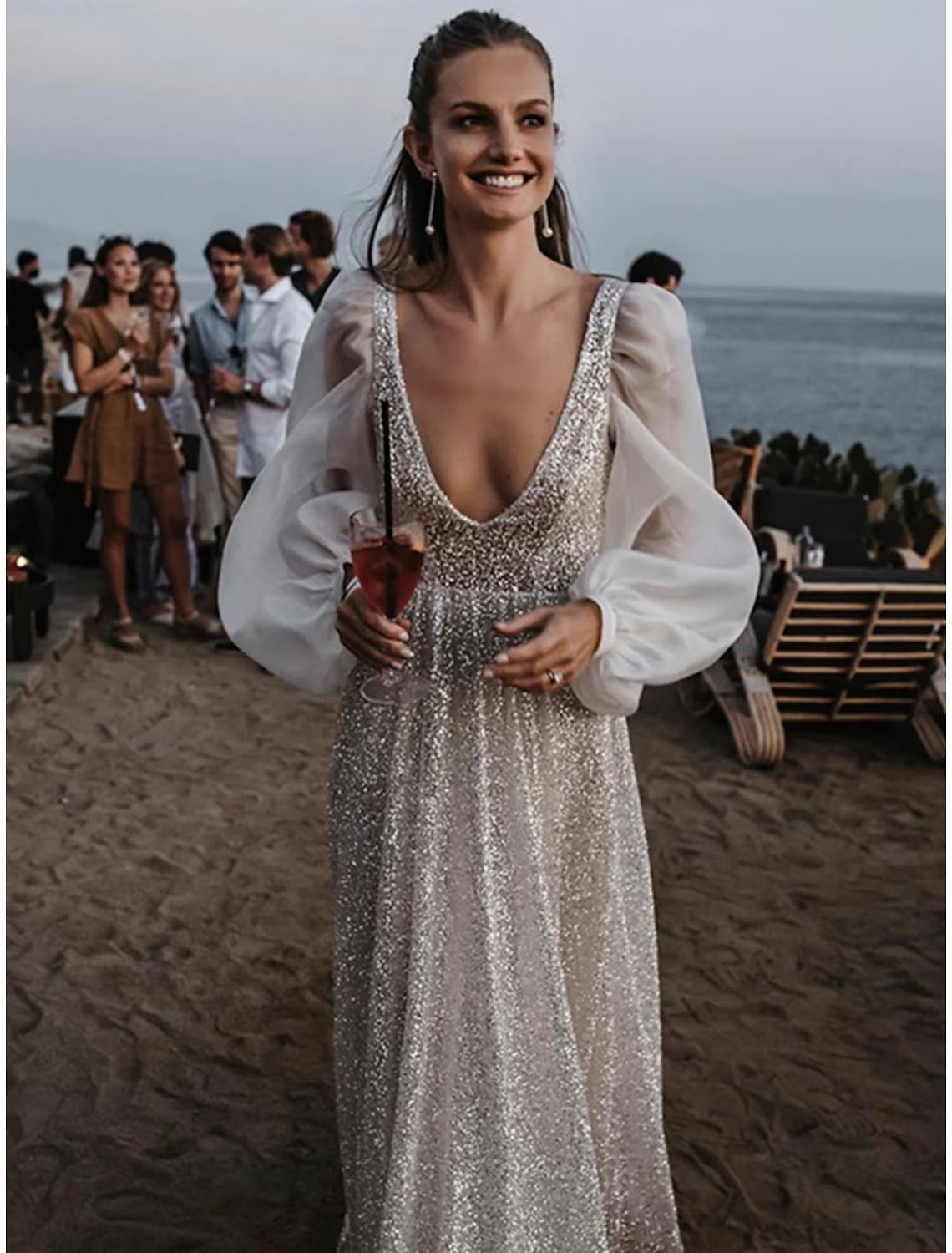 Beach Open Back Boho Wedding Dresses Sweep / Brush Train Sheath / Column Long Sleeve V Neck Sequined With Pleats