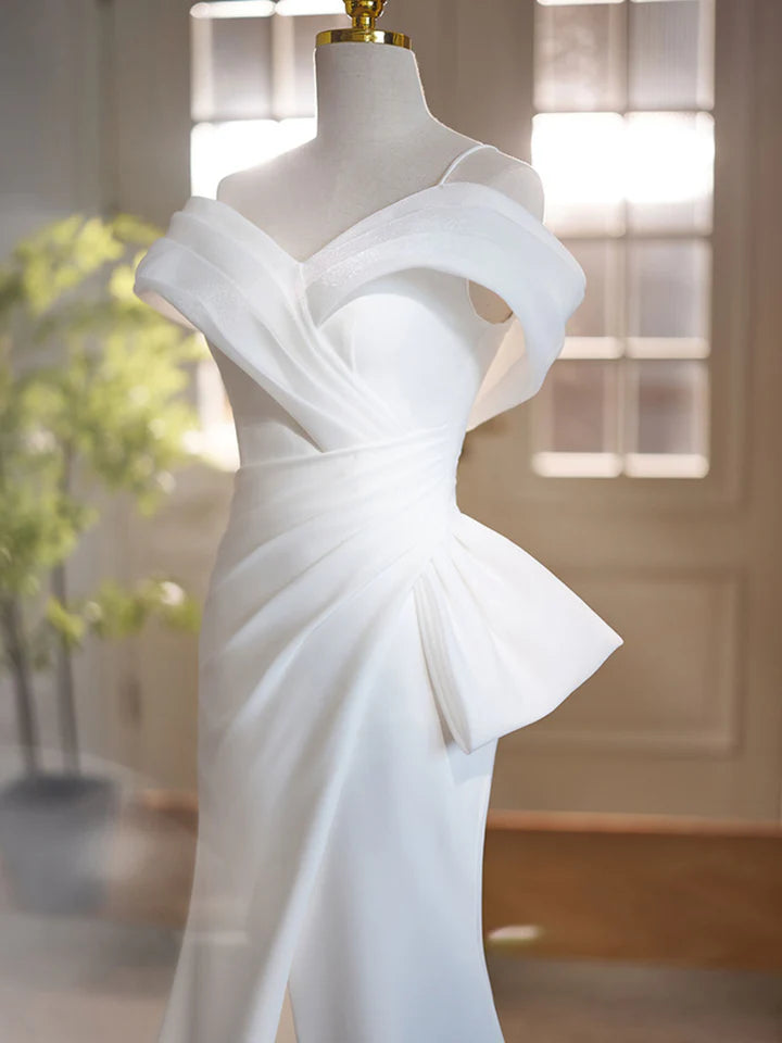 Elegant Dignified Off Shoulder Satin Long Prom Dress White Pure Fresh Formal Party dress