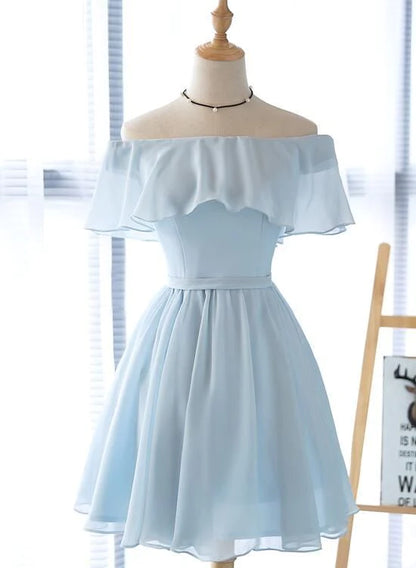 Beautiful Off Shoulder Simple Short Bridesmaid Dress, Lovely Blue Chiffon Party Dress