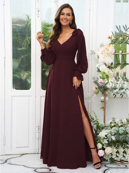 A-Line/Princess Chiffon Bow knot V-neck Long Sleeves Floor-Length Bridesmaid Dresses