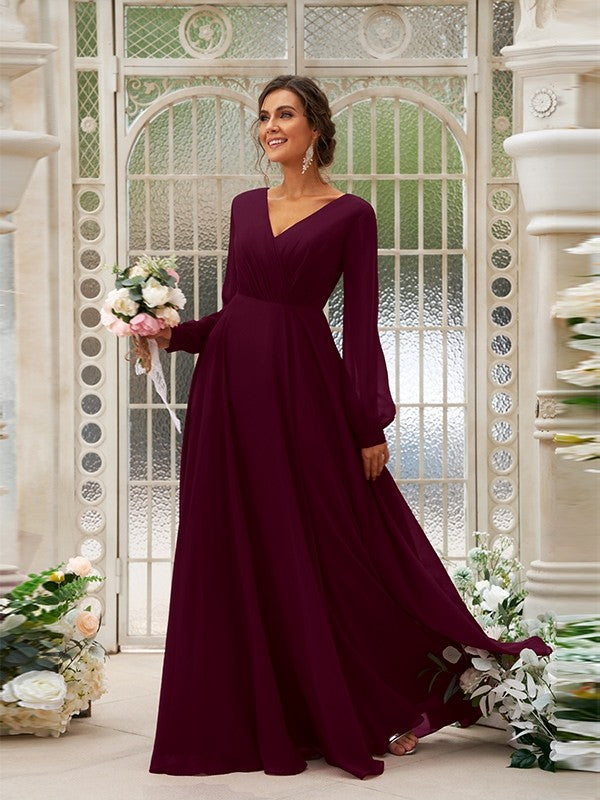 A-Line/Princess Chiffon Ruched V-neck Long Sleeves Floor-Length Bridesmaid Dresses